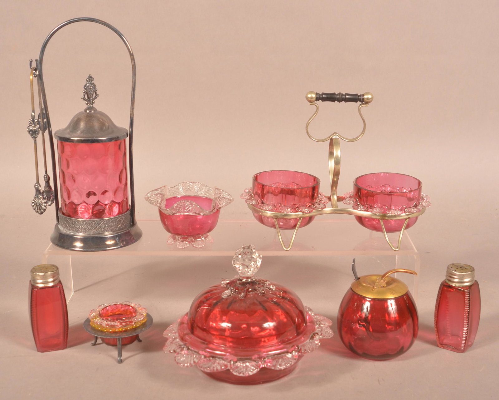 Lot of Victorian Cranberry Art Glass.: Lot of Victorian Cranberry Art Glass. Tallest 10-1/4"h. Condition: Very good.