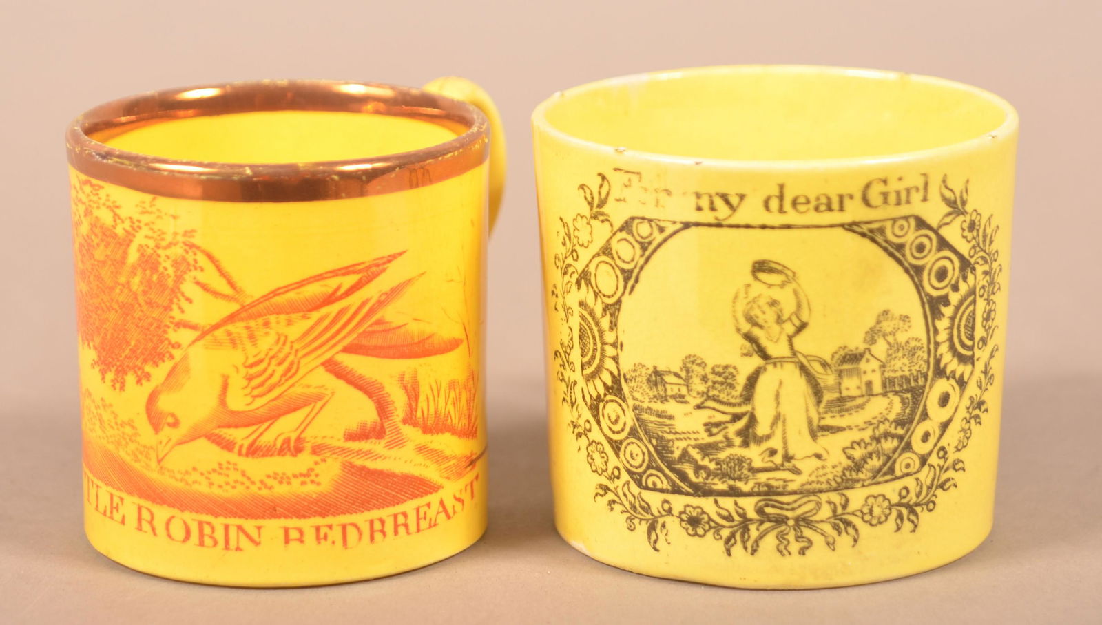 Two Canary Yellow China Transfer Child's Mugs. (1 of 3)
