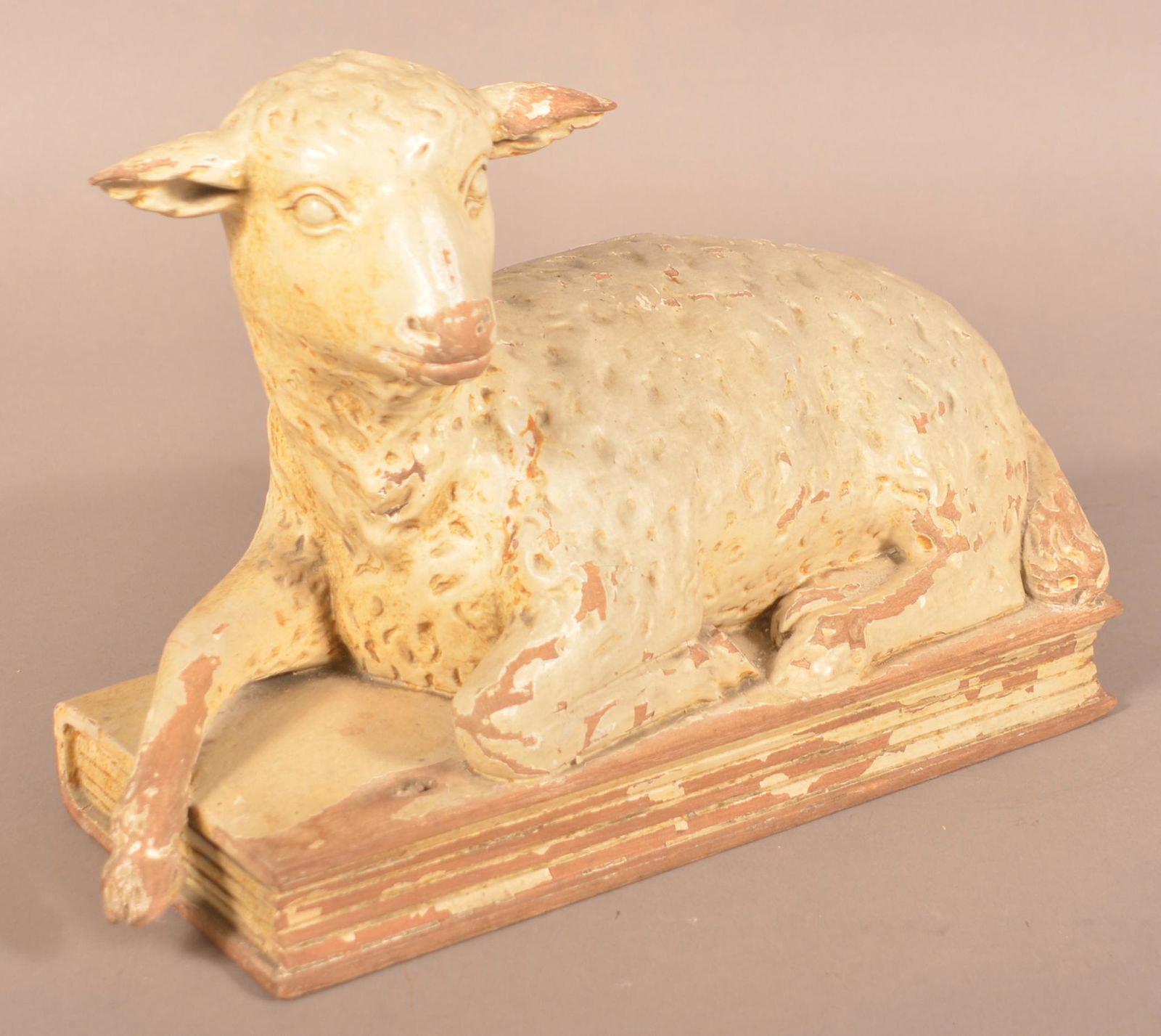 Antique Folk Art Carved Wood Reclining Lamb on Book. (1 of 3)