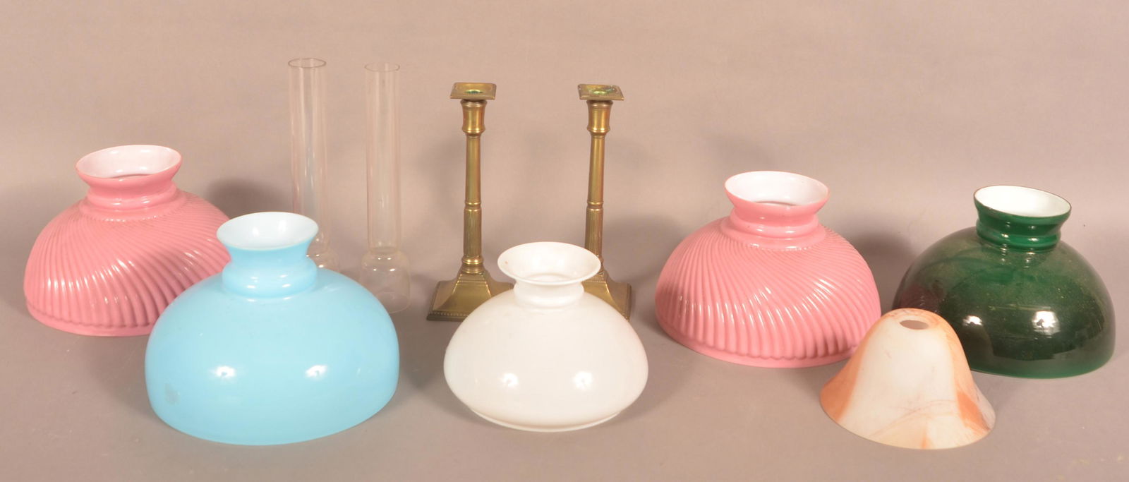 Lot of Antique Lamp Shades and Brass 10" Candlesticks. (1 of 4)