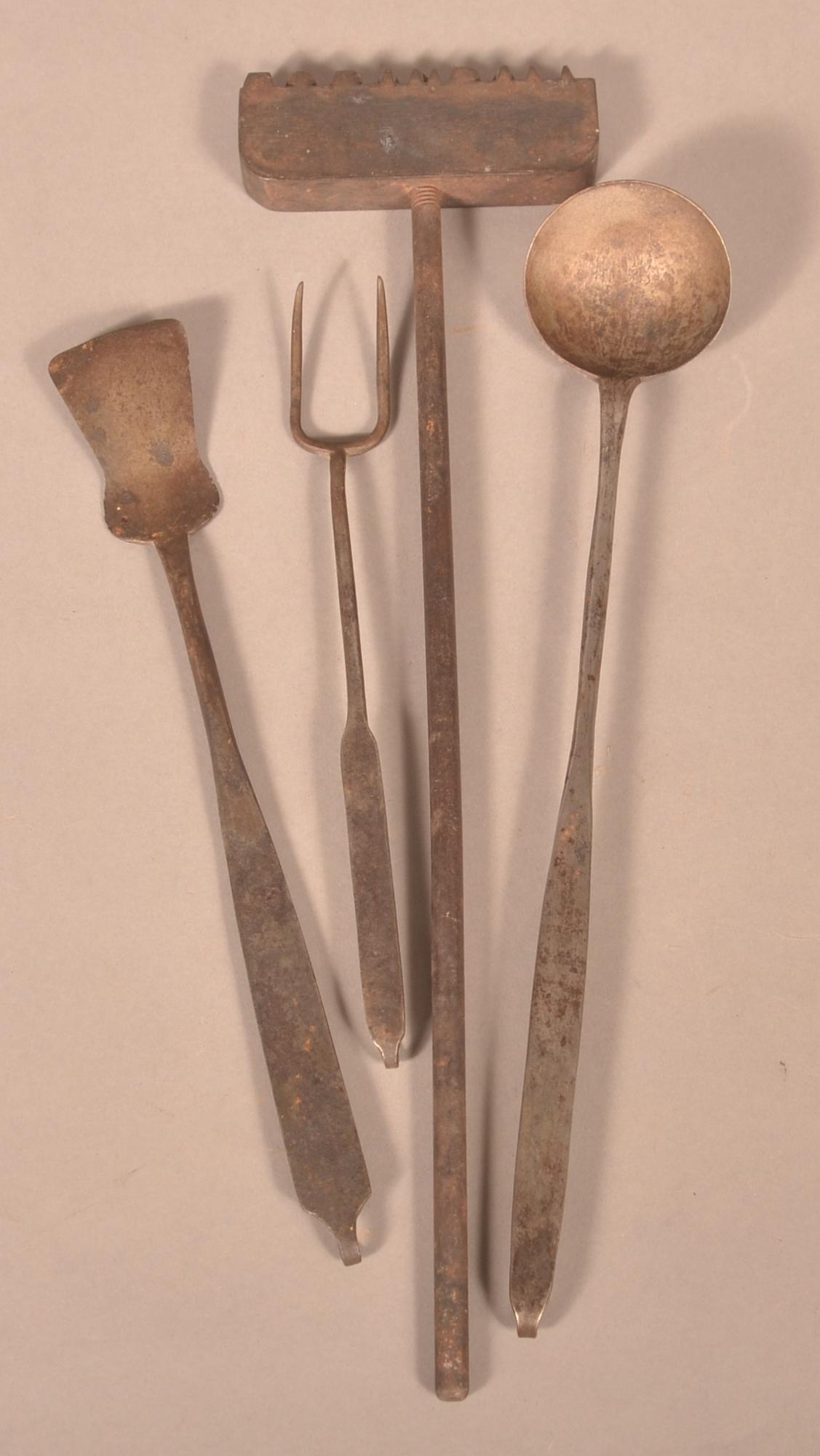 Antique Wrought Utensils and a "F.C. Randall" Stamp.: Antique Wrought Utensils and a F.C. Randall Stamp. 17"l. Condition: Good with rust and wear.