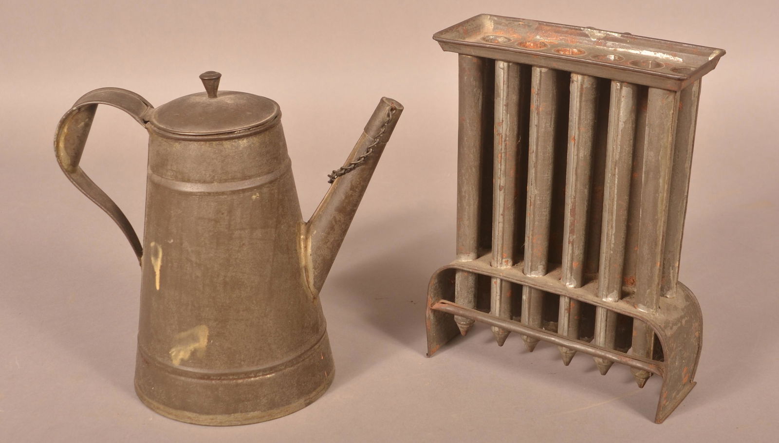 19th Century Tin Coffee Pot and 12 Tube Candle Mold. (1 of 3)