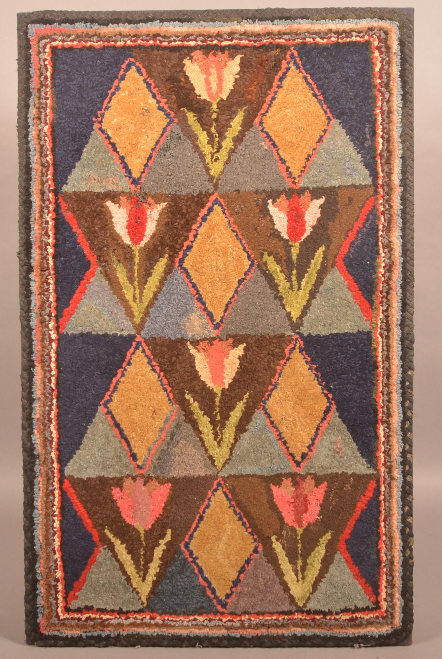 Antique Folk Art Tulip and Diamond Hooked Rug. (1 of 3)