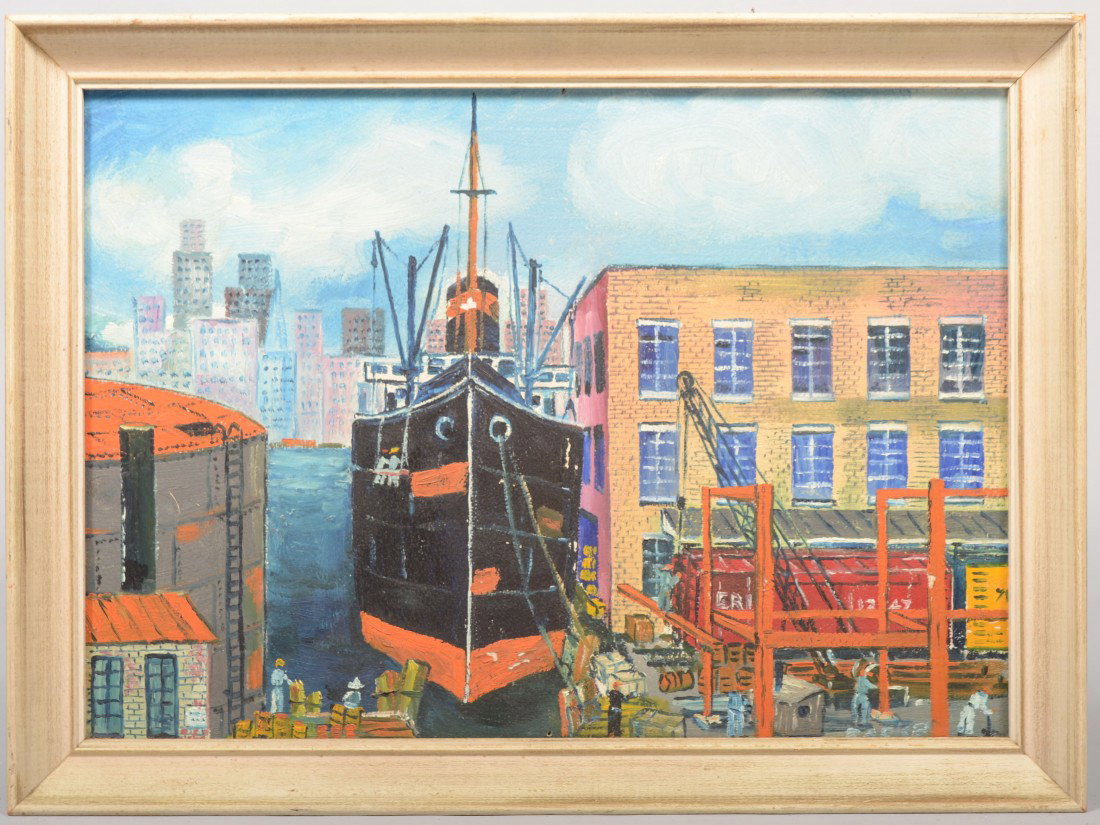 Cargo Ship at Dockside, oil on artist board. Signed: Cargo Ship at Dockside, oil on artist board. Signed: "Backe" in lower right. Mounted in a white painted wood frame: 12 3/8"h. X 17 1/2"w. sight and 15"h. X 20 1/4" w. overall. Condition: Good.