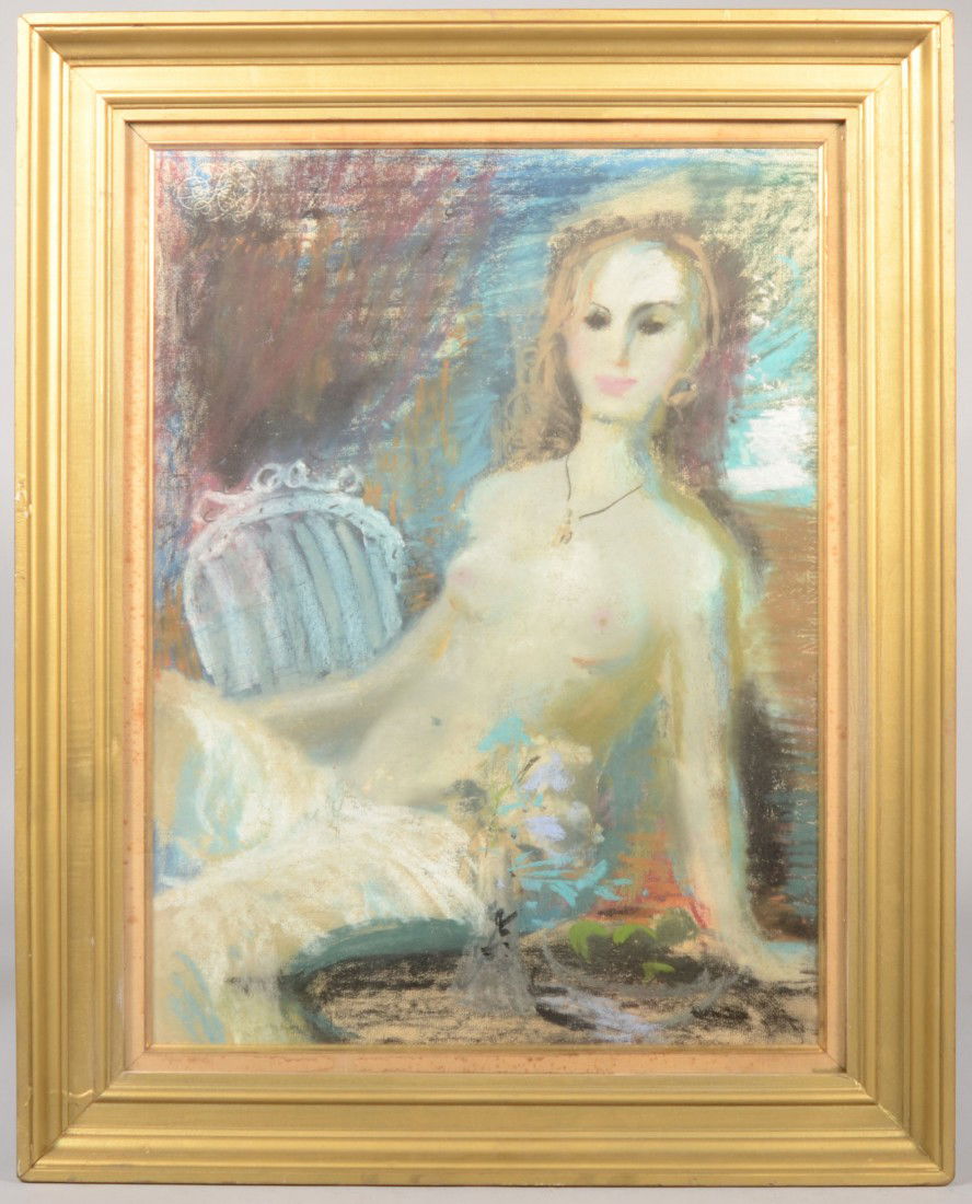 A Pale Nude Woman, pastel on paper. Impressionistic: A Pale Nude Woman, pastel on paper. Impressionistic and ghostly personage is seated across a chair and with a vase of flowers. Signed in upper left corner, but undetermined. Framed by gold painted mol