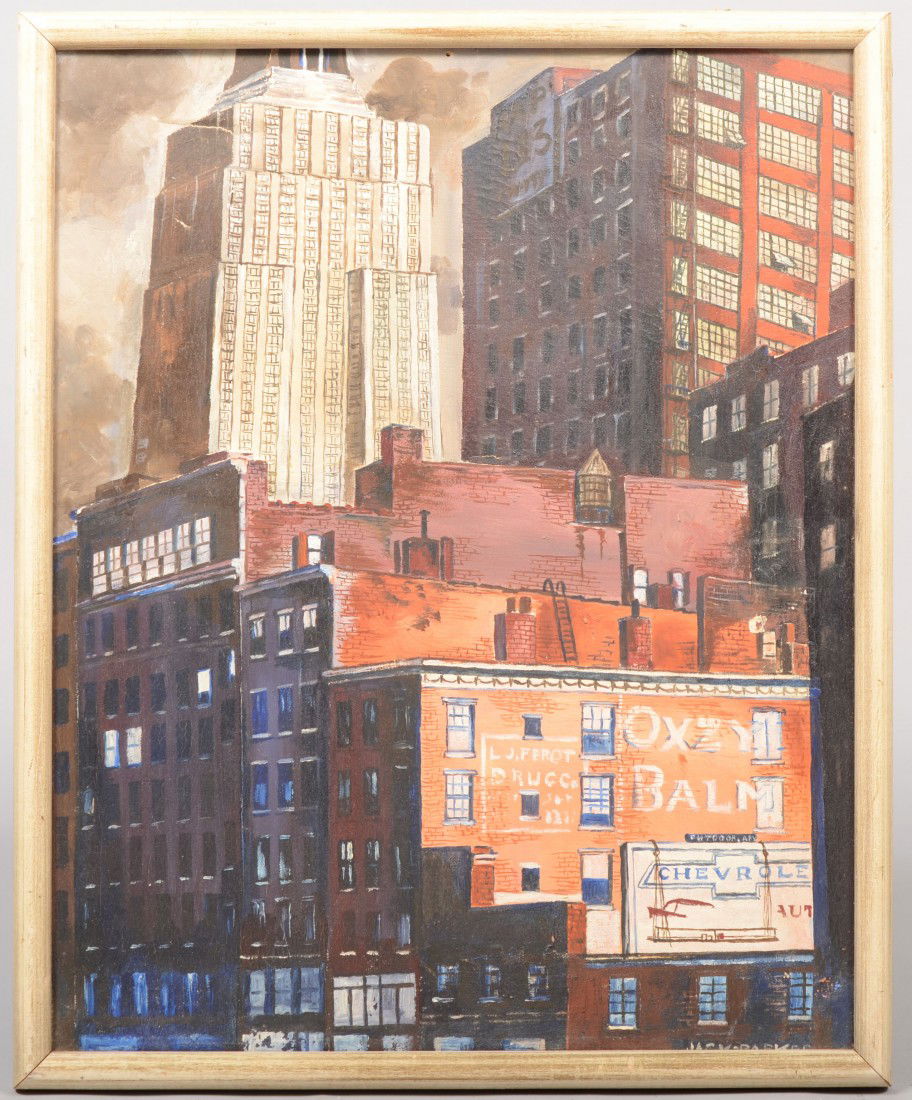 Cityscape of Tall Buildings and Wall Signs, oil on: Cityscape of Tall Buildings and Wall Signs, oil on cotton sheet. Signed in lower right: "Jack Parker" and mounted in a white wood frame: 22 1/2"h. X 18 1/4"w. overall. Condition: 1 1/2" tear in upper