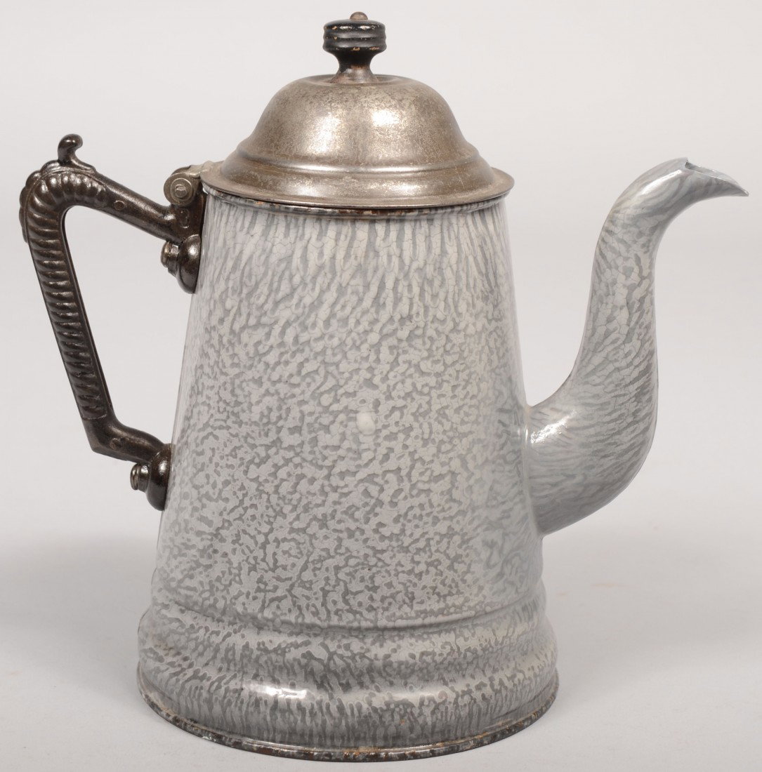 Large Teapot, Gray Large Mottled, stamped tinned s: Large Teapot, Gray Large Mottled, stamped tinned sheet iron cover with riveted wood knob. Riveted black cast iron handle marked: "Pat. Oct. 15, '89." Mark on bottom of pot: "Granite Iron Ware, Pat. Ma