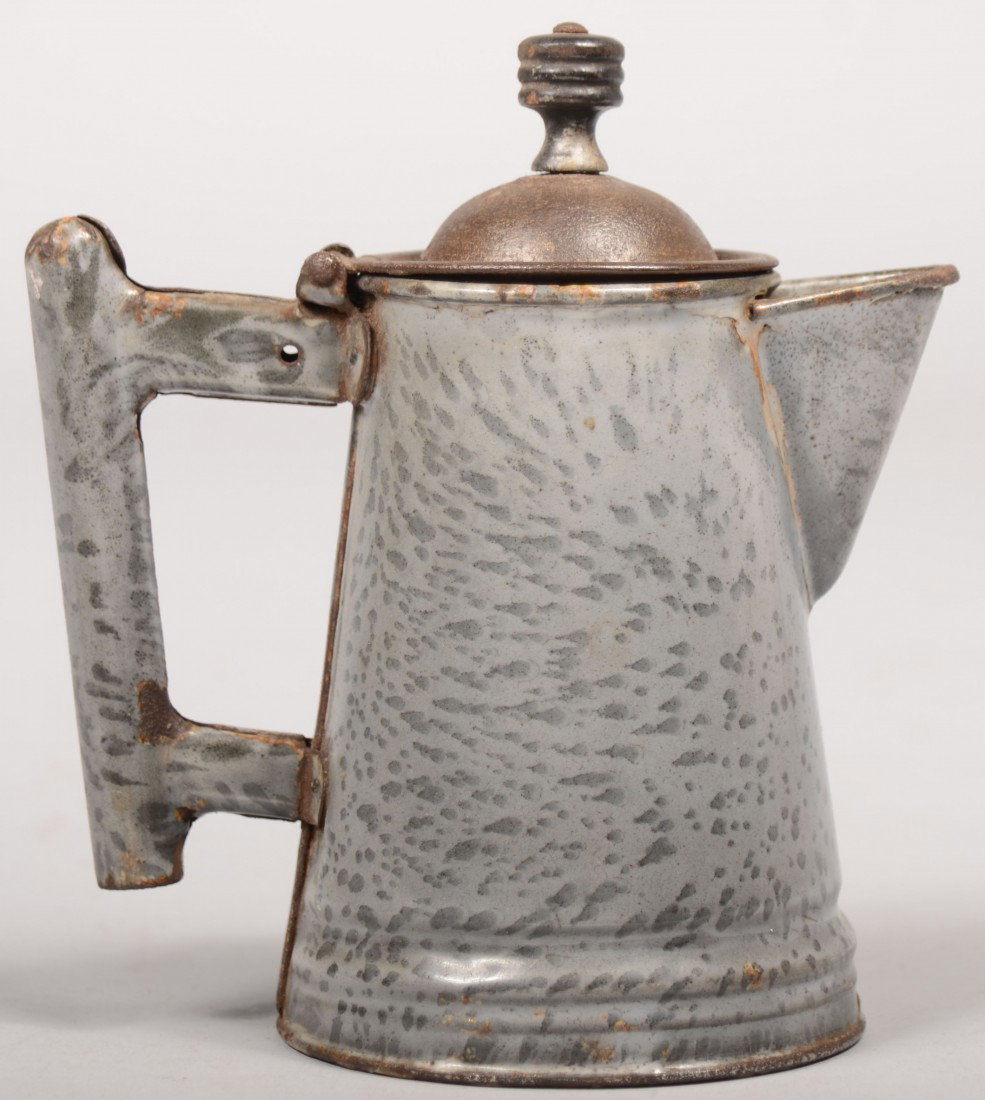 Small Coffee Pot, Gray Medium Mottled, with presse: Small Coffee Pot, Gray Medium Mottled, with pressed tubular granite handle. Hinged pressed tinned sheet steel cover with riveted wood knob. Unmarked. 6"h. Condition: Good, with use wear.