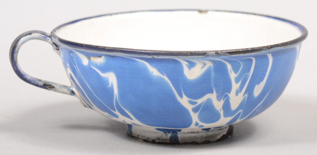 Canning Jar Funnel, Blue and White Large Swirl. Ri: Canning Jar Funnel, Blue and White Large Swirl. Riveted loop handle and rim colored cobalt blue. White lining. Unmarked. 2"h. X 5"dia. Condition: Good, with use wear.