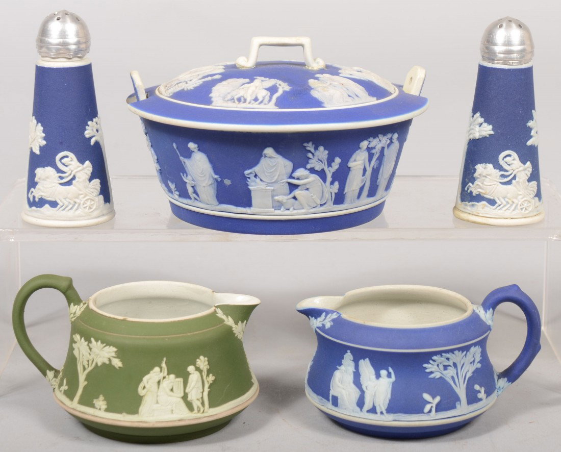 Wedgwood Jasperware, Five Piece Group. Two Creamer: Wedgwood Jasperware, Five Piece Group. Two Creamers, like design, chariot scene, one green, one medium blue, 3 1/4"d., late 19th cen. Mark; Pair of salt and pepper shakers, aluminum caps, dark blue, 3
