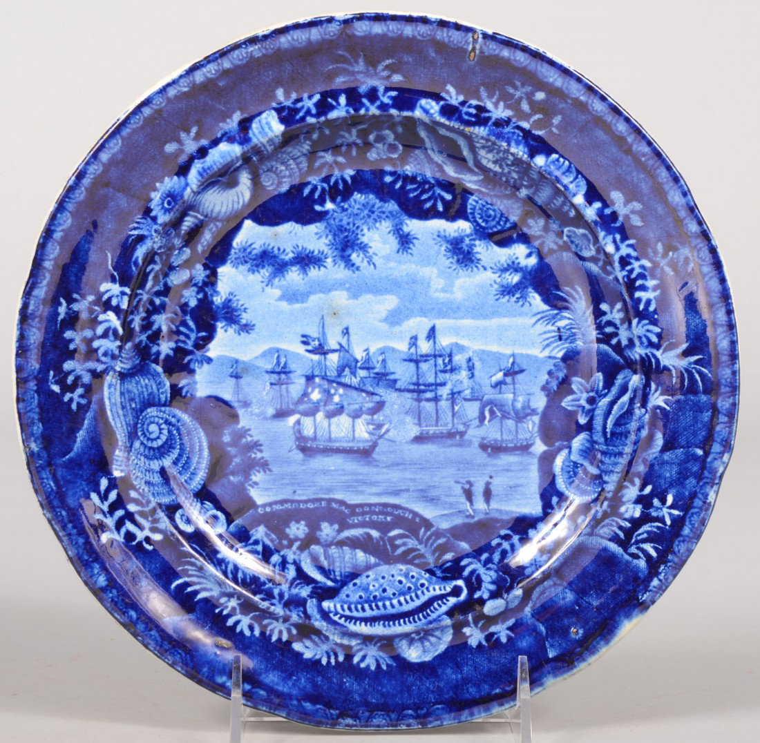 Blue Staffordshire Commodore MacDonnough's Victory: Blue Staffordshire Commodore MacDonnough's Victory Nautical Transfer Plate. Seashell border. Impressed mark on back: "E. Wood & Sons, Burslem." With spread eagle and semi china." 9 3/8"dia. Condition: