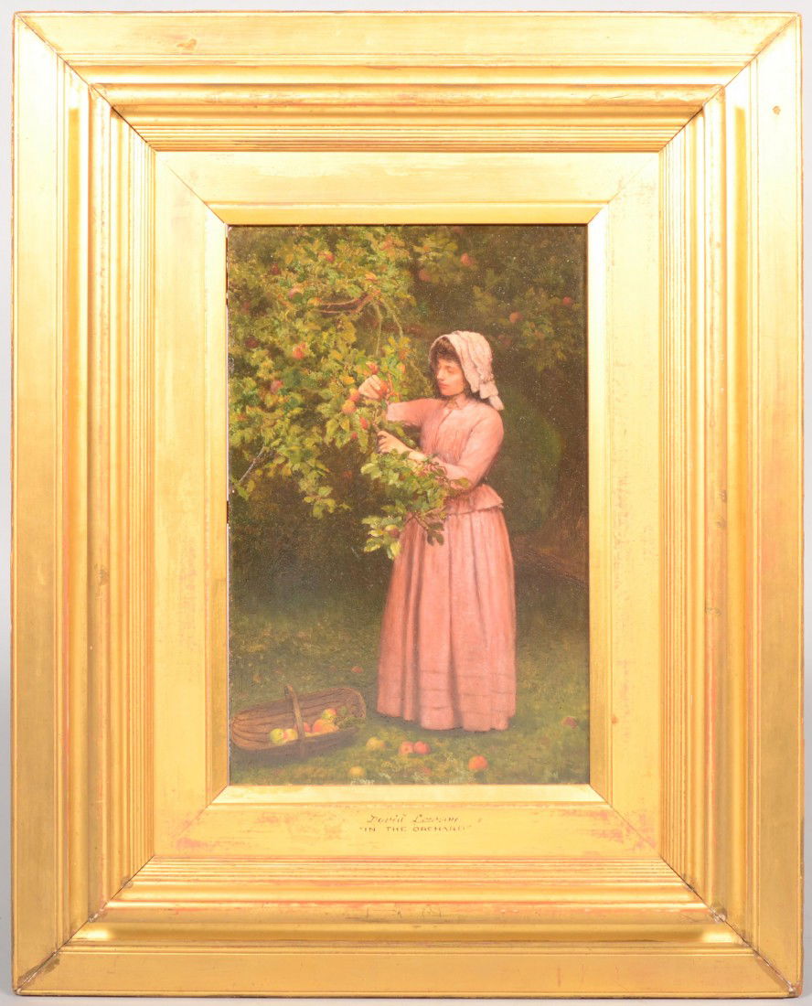19th Century Dressed Woman Picking Fruit, oil on p: 19th Century Dressed Woman Picking Fruit, oil on prepared panel. The gilt wood frame is titled: "In The Orchard" and signed by: "David Lawson" both written on gilt wood liner. Lawson was born in 1847
