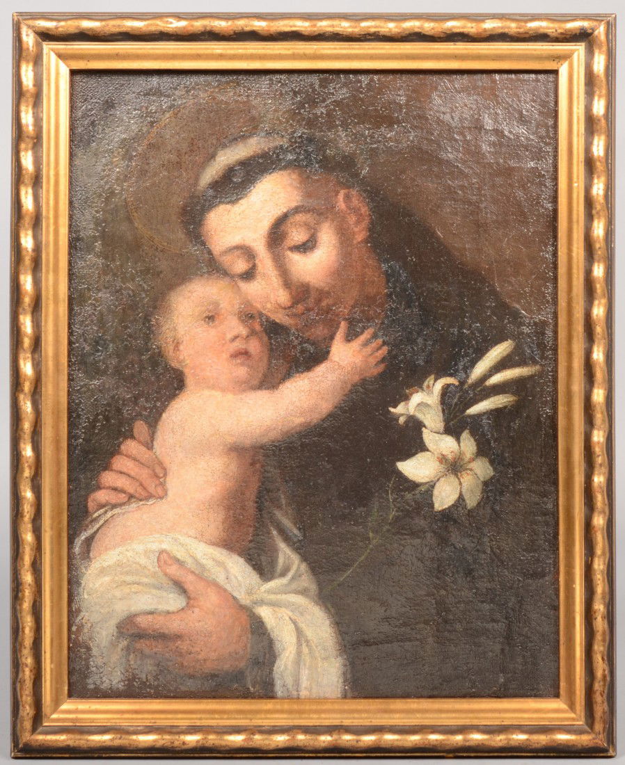 Friar Holding a Child with White Lilies, oil on ca: Friar Holding a Child with White Lilies, oil on canvas. Label verso in Latin or Italian indicates the Friar is Saint Antoine de Padua (or Lisbon) and is signed by either the owner or the artist. Nothi