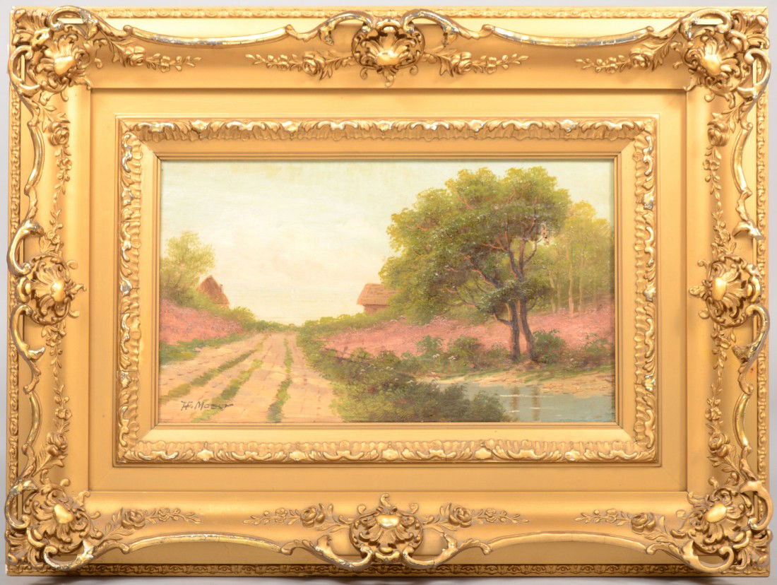 Landscape Dirt Road and Trees with Roof lines, oil: Landscape Dirt Road and Trees with Roof lines, oil on canvas. Signed in lower left: "H. Moser", possibly Hermann Moser, Austrian. Mounted in an ornately carved and gold painted wood frame: 7"h. X 12 1