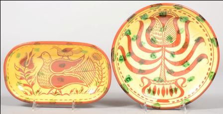 Two Pieces Contemporary Redware. Yellow glazed wit: Two Pieces Contemporary Redware. Yellow glazed with green spots and sgraffito potted tulip design. 10 1/8"dia. Along with an oblong loaf dish, yellow glaze and bird on bird with flowers sgraffito desi