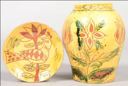 Large Breininger Signed Bulbous Jar with Small Pla: Large Breininger Signed Bulbous Jar with Small Plate. Jar covered with yellow glaze and green accents. Two sgraffito tulip trees with six heads. Scaling at neck and foot. Marked: "B & L Breininger, 19