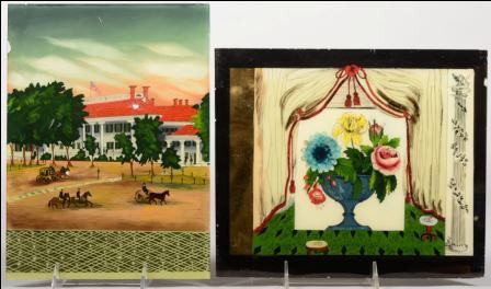 Two Large Reverse Glass Painted Panes. Flowers in : Two Large Reverse Glass Painted Panes. Flowers in urn with drapes and classic column. 9 1/2"h. X 11 1/4"w. Along with street scene in front of a large red roofed building. Latter signed verso: "Jo Ann