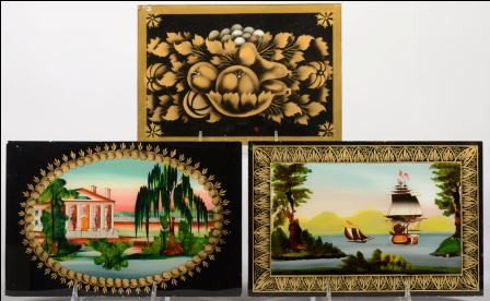 Three Reverse Glass Painted Panes. A two color gro: Three Reverse Glass Painted Panes. A two color group of fruit, 7"h. X 10"w.; Two sailing ships with gold shield border on black, 7 1/4"h. X 11"w.; Antebellum manse and willow tree with fruit border, 7