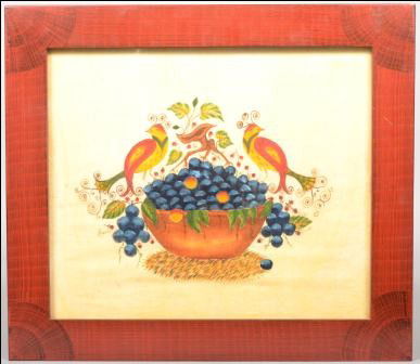 Polychrome Theorem on Ivory Velvet. Still life com: Polychrome Theorem on Ivory Velvet. Still life composition of a wooden bowl of grapes with branches and leaves and two fancy birds perched on rim. Signed on right: "Bill Rank." Mounted in a red faux g