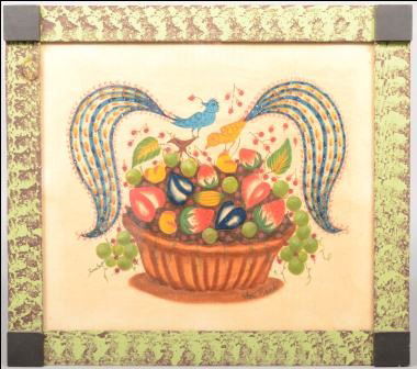 Polychrome Theorem on Ivory Velvet. Still life com: Polychrome Theorem on Ivory Velvet. Still life composition of a wooden bowl of fruit with leaves and two fancy birds perched on rim. Signed on right: "Bill Rank." Mounted in a brown on green stippled