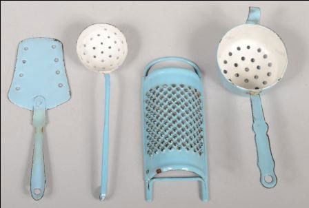 Four Assorted Pieces of Children's Kitchen Utensil: Four Assorted Pieces of Children's Kitchen Utensils, All Solid Light Blue, two pieces with white bowls. A spatula with holes; a strainer dipper; a strainer pot with rim hook and handle; a wire framed