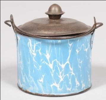 Small Covered Bucket, Light Blue and White Large S: Small Covered Bucket, Light Blue and White Large Swirl with white interior. Seamed construction with black rims and riveted on ears with wire bail. Tinned sheet steel cover has riveted tinned knob. Un