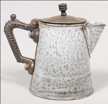 Small Coffee Pot, Gray Large Mottled, with riveted: Small Coffee Pot, Gray Large Mottled, with riveted on black painted cast iron handle . Hinged pressed tinned sheet steel cover with riveted wood knob. Unmarked. 5"h. Condition: Good, with use wear.