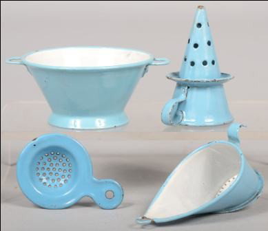 Four Piece Group of Children's Kitchenware, All So: Four Piece Group of Children's Kitchenware, All Solid Light Blue and two with white interiors. Colander with riveted handles and flared foot: 1 5/8"h. X 3 1/4"dia.; tear drop shaped colander with pot 