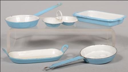 Five Piece Miniature Pan Group. Solid Light Blue w: Five Piece Miniature Pan Group. Solid Light Blue with white interiors. Two handled pans, poacher and fryer, 5 5/8"l. and 5 1/4"l.; oval fish pan with two handles, 4 5/8"l.; single handle catch pan wit
