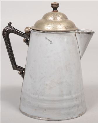 Large Coffee Pot, Light Gray Mottling with hinged : Large Coffee Pot, Light Gray Mottling with hinged pressed tinned sheet steel dome lid and riveted black wood knob. Welded pinch spout on seamed conical body with riveted two piece black painted cast i