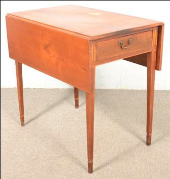 Pennsylvania Hepplewhite Cherry Inlaid Drop-leaf T: Pennsylvania Hepplewhite Cherry Inlaid Drop-leaf Table. Dovetailed skirt drawer with line and checkered inlay and tapered legs. 29 1/2"h x 20 3/4"w (each leaf measures 10 1/2") x 31 3/4"d. Condition: