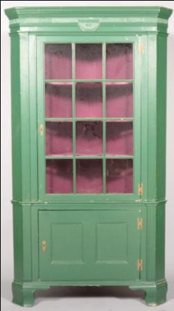 Lancaster County, Pennsylvania Chippendale/Federal: Lancaster County, Pennsylvania Chippendale/Federal Transitional Softwood Two Part Corner Cupboard. Molded and reeded cornice with central drape, single 12 pane glazed upper door with interior butterfl