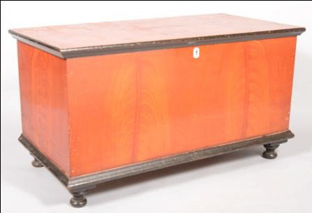 Pennsylvania Softwood Feather Grain Paint Decorate: Pennsylvania Softwood Feather Grain Paint Decorated Blanket Chest. Molded hinged lid, dovetailed case, interior till, molded base and turned feet. 24"h x 44"w x 22 1/2"d. Condition: good with wear.
