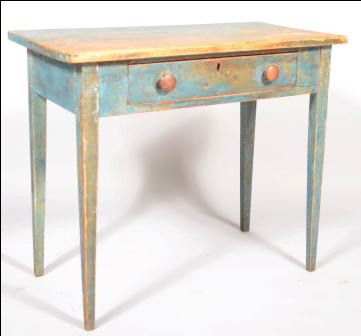 Country Hepplewhite Softwood Side Table with old b: Country Hepplewhite Softwood Side Table with old blue paint. Single board top, compartmented skirt drawer and tapered legs. 29"h x 34"w x 17 1/2"d. Condition: good with paint loss and wear.