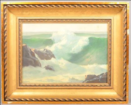 Ocean Waves crashing on Rocks, oil on composition: Ocean Waves crashing on Rocks, oil on composition board. Signed in lower right: "Charles Bradley." Bradley was born in Binghamton, NY, in 1883. Raised by artist parents he only started painting in 192