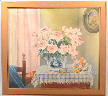 Still Life of Flower Bouquets on a Table, oil on c: Still Life of Flower Bouquets on a Table, oil on canvas. Signed in lower right: "W. Earl Snyder, 1934." Unidentified. Mounted in a flat gold painted wood frame: 27 1/2"h. X 31 1/4"w. sight and 32 1/2"