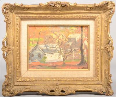 Houses in Fall Setting, New Hope School, oil on ma: Houses in Fall Setting, New Hope School, oil on masonite. Signed in lower right, but illegable. Mounted in a carved and gold painted wood frame with linen liner: 5 3/8"h. X 7 1/4"w. sight and 11 1/2"h