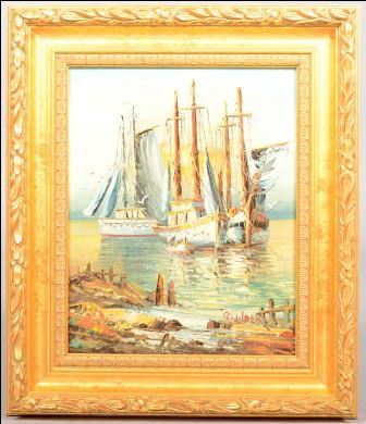 Fishing Boats at Anchor, oil on wood board. Signed: Fishing Boats at Anchor, oil on wood board. Signed: "B. Wilder." in lower right. Unidentified. Mounted in a molded gilt wood frame: 9 1/2"h. X 7 1/2"w. sight and 13 3/4"h. X 11 3/4"w. overall. Conditi