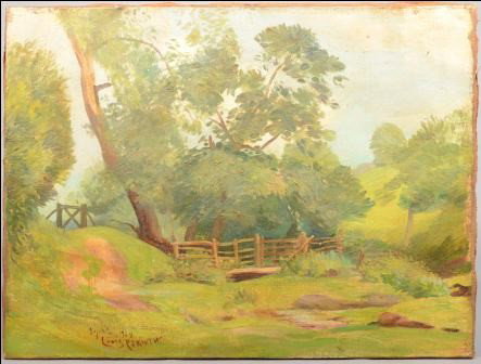View of a Meadow, oil on canvas. Signed in lower l: View of a Meadow, oil on canvas. Signed in lower left: "Lovis Corinth." Corinth, b.1858 and d. 1925, lived and worked in Germany. Pupil of William Bourgoureau and Robert Fleury. Unframed: 18"h. X 24"w
