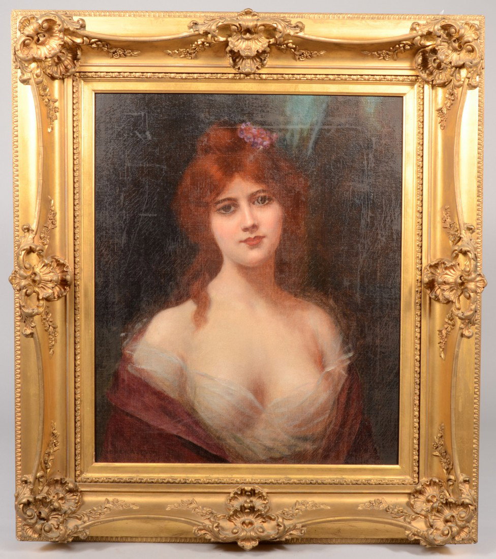 Portrait of a Fair Red Haired Woman in Off the Sho: Portrait of a Fair Red Haired Woman in Off the Shoulder Gown, oil on canvas. Signed in lower left: "Abbey Altson." Abbey Altson, b.1864 United Kingdom, d.1949. Mounted in a carved and molded gilt wood