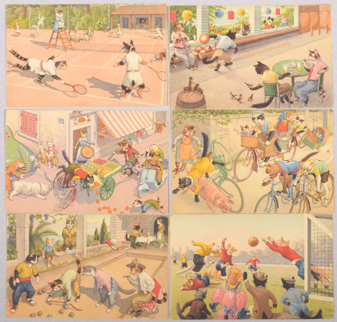 Alfred Mainzer Sports Themed Cat Postcards. Six ca: Alfred Mainzer Sports Themed Cat Postcards. Six cards including: Bicycle Racing, Bocce ball, Soccer, Bowling, Tennis. Marked: "Edition Max Kunzli, Zurich, 6 / Printed in Switzerland." 3 1/2"h. X 5 1/2