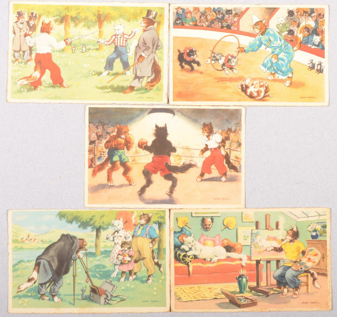 Jean Paris Themed Cat Postcards. 5 cards including: Jean Paris Themed Cat Postcards. 5 cards including: Boxing, Park photo, Artist studio, Fencing, Circus. Marked: "Printed in Switzerland." 3 1/2"h. X 5 1/2"w. Condition: Edges soft.