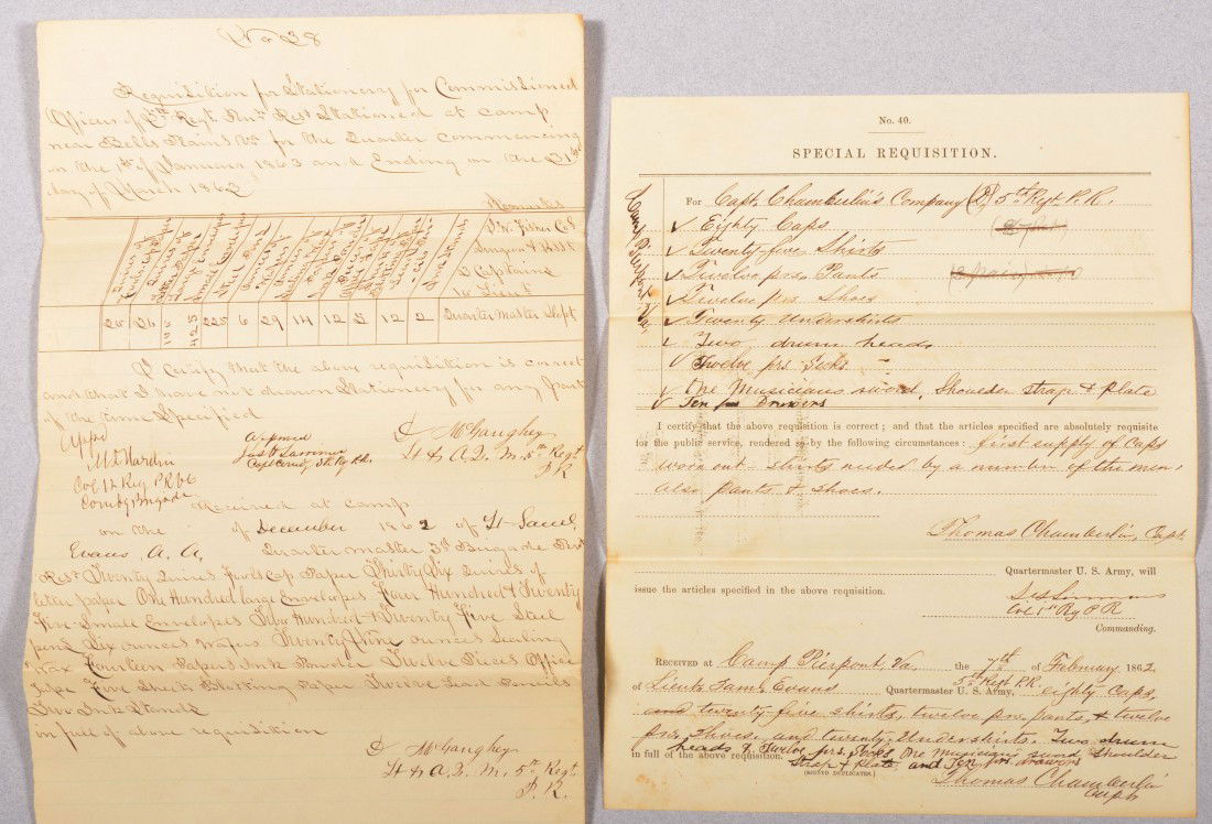 Two Civil War Military Field Documents. One a hand: Two Civil War Military Field Documents. One a hand drafted stationary requisition for Officers of 5th Regt. Pa. Res. Signed by Lt. McGanghey, Asst. Q.M., dated: 1 Jany.1863. Along with a printed "Spec