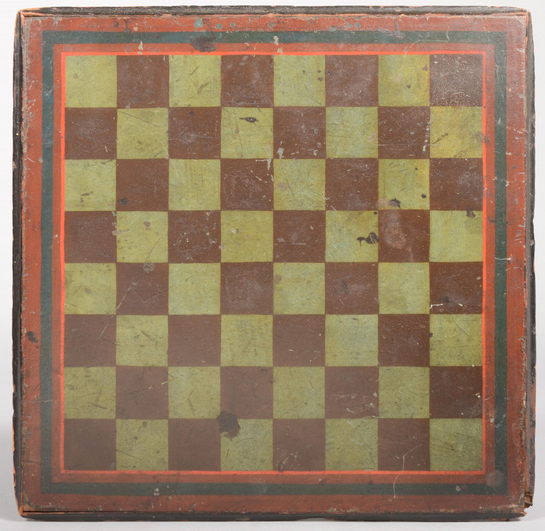 Painted Wood Checkerboard. Black and green grid wi: Painted Wood Checkerboard. Black and green grid with a bright red outline, a brick red border with a dark green stripe. Applied mitered frame ogee molding in black. Inscription on back reads: "Locklan