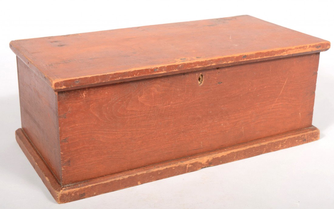Red Painted Wood Tool Box. Divided interior, butt : Red Painted Wood Tool Box. Divided interior, butt iron hinges, lock and hasp. Molded edge lid and foot trim on dovetailed box. 9"h. X 23"w. 11 1/2"d. Condition: Good with use wear.