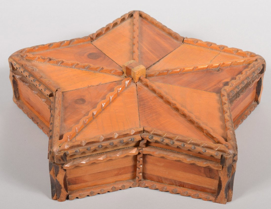 Five Point Star Sewing Box. Different color wood m: Five Point Star Sewing Box. Different color wood make up panels with contrast and are bordered by narrow notch cut pieces. Interior is lined with padded calico. Unsigned. 3 3/4"h. X 13"dia. Condition: