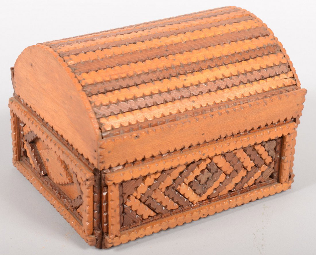 Dome Lid Chip Carved Jewelry or Dresser Box. Hinge: Dome Lid Chip Carved Jewelry or Dresser Box. Hinged lid made up of bi-color strips of wood with a hinged lidded compartment in underside. Demi-lune dividers on felt lined tray in top of main box. Inte