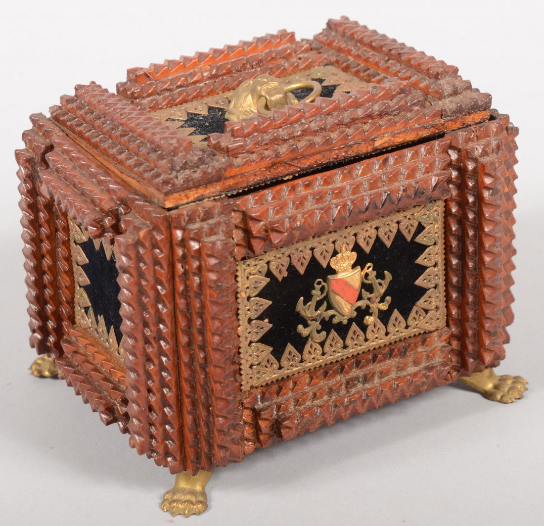 Small Chip Carved Trinket Box. Hinged lid has rece: Small Chip Carved Trinket Box. Hinged lid has recessed panel with velvet lining, stamped brass border and a brass lion's head pull. Side panels similarly appointed and base has four stamped brass lion