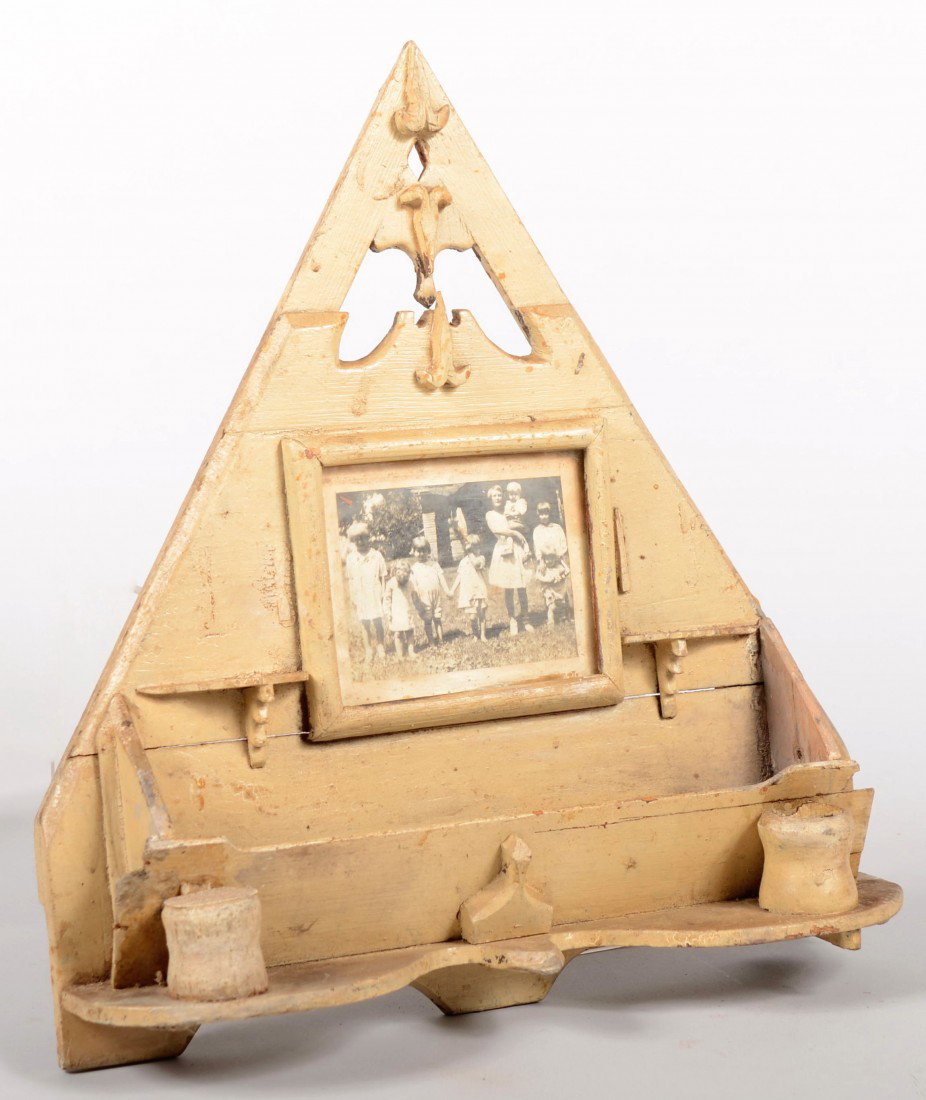 White Painted Country Craft Wall Pocket. Lots of w: White Painted Country Craft Wall Pocket. Lots of wood crate pieces make up this item, including a Pabst Blue Ribbon beer box. (see backside) Center back has small picture frame with B&W photo of a fam