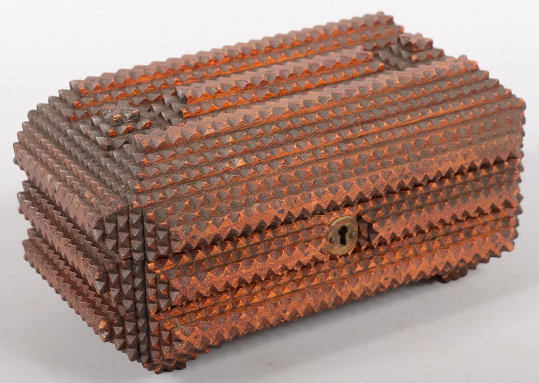 Tramp Art Style Lock Box. Cigar box covered with e: Tramp Art Style Lock Box. Cigar box covered with elongated four and five layer chip carved pyramids. Also has four carved and layered feet. Small brass lock has no key. Inscription under lid: "Herman